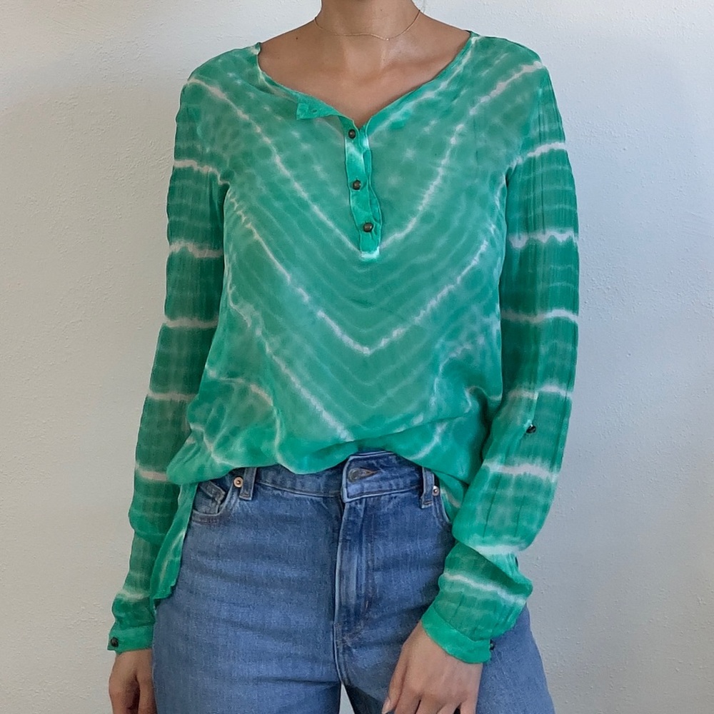 Anthropologie Red Haute Green Tie Dye Silk Boho Top M